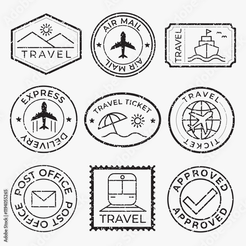 Set of vintage travel stamps featuring travel icons like planes, trains, and ships. Travel-themed stamps for air mail, express delivery, and travel tickets. Black travel stamps, vector set.