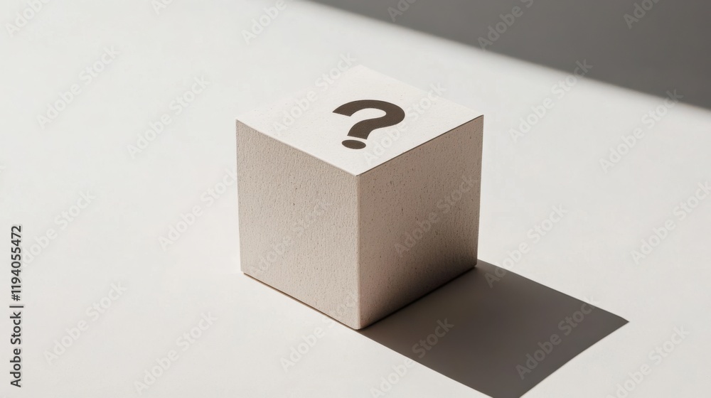 Minimalist White Cube with Question Mark Symbol on a Light Surface, Creating an Air of Mystery and Curiosity in a Simple yet Effective Composition Minimalist White Cube with Question Mark Symbol on a Light Surface, Creating an Air of Mystery and Curiosity in a Simple yet Effective Composition