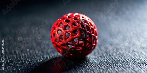 A singular scarlet orb, intricately woven with geometric precision, rests upon a textured surface, casting a subtle shadow that emphasizes its form. photo