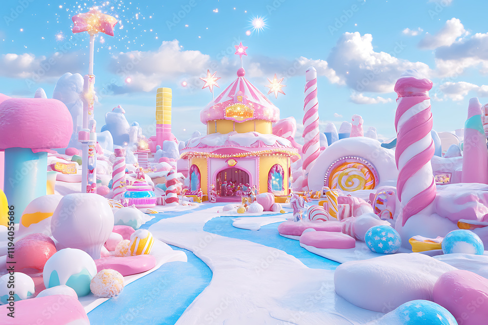 A whimsical candy-themed landscape with colorful structures and a playful atmosphere. A whimsical candy-themed landscape with colorful structures and a playful atmosphere.