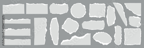 A collection of torn paper notes with various shapes like star, heart, and cloud. Torn paper with lines, grids, and polka dots. Torn paper for creative designs. Gray element vector set.