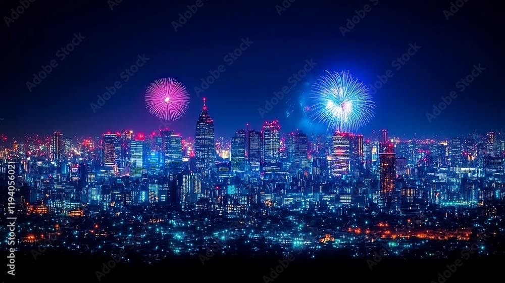 Obraz premium Nighttime Cityscape with Fireworks Display Over Buildings