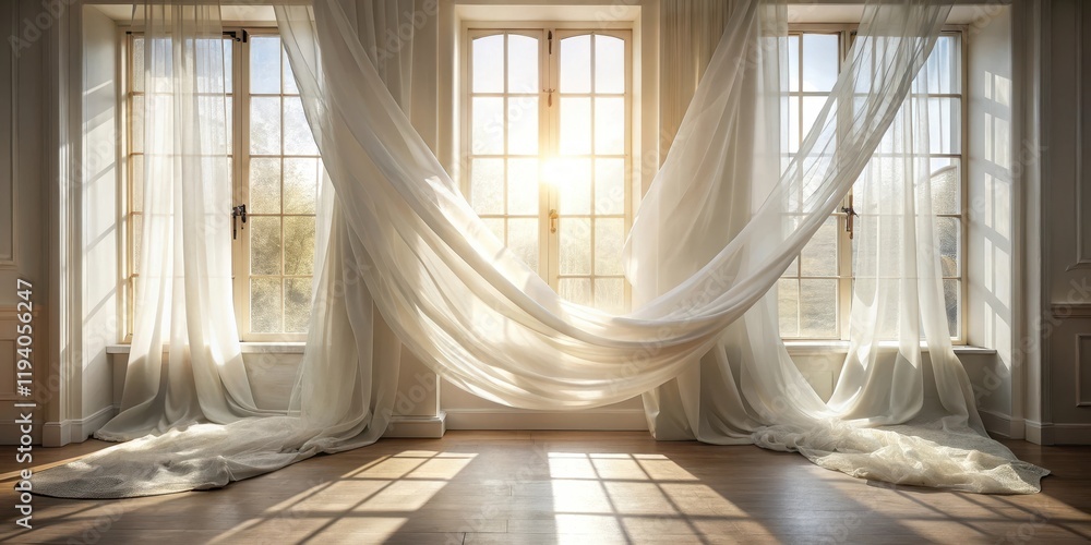 Obraz premium Sunlight Streams Through Sheer Curtains, Creating a Serene and Airy Atmosphere in a Room with Wooden Floors