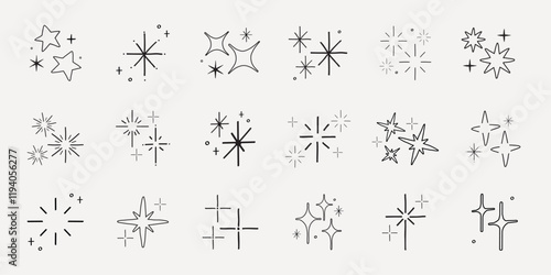 Collection of black starburst icons in various shapes. Starburst designs feature different styles and sizes. Perfect for graphic design and decoration. Element vector set.