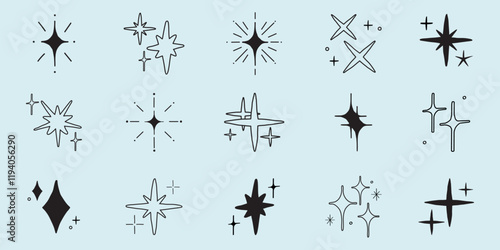 Collection of black starburst icons in various shapes. Starburst designs feature different styles and sizes. Perfect for graphic design and decoration. Element vector set.