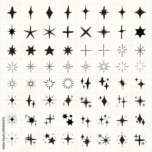 Collection of black starburst icons in various shapes. Starburst designs feature different styles and sizes. Perfect for graphic design and decoration. Element vector set.