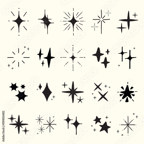 Collection of black starburst icons in various shapes. Starburst designs feature different styles and sizes. Perfect for graphic design and decoration. Element vector set.