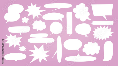 Collection of white speech bubbles on a pink background. Various shapes of speech bubbles. Speech bubbles for comics and design. Speech bubbles set. Message illustration vector.