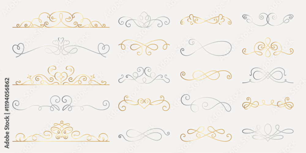 Vector set. Elegant gold and silver decorative dividers with intricate swirls and curls. Perfect for adding a touch of elegance and sophistication to designs. Hand drawn ornament vector set. Vector set. Elegant gold and silver decorative dividers with intricate swirls and curls. Perfect for adding a touch of elegance and sophistication to designs. Hand drawn ornament vector set.