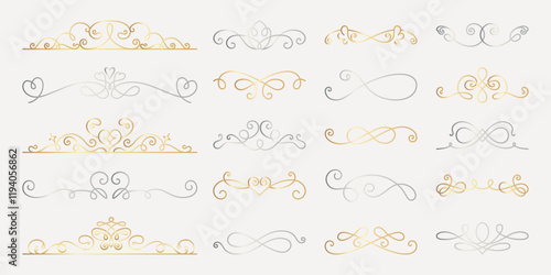 Vector set. Elegant gold and silver decorative dividers with intricate swirls and curls. Perfect for adding a touch of elegance and sophistication to designs. Hand drawn ornament vector set.