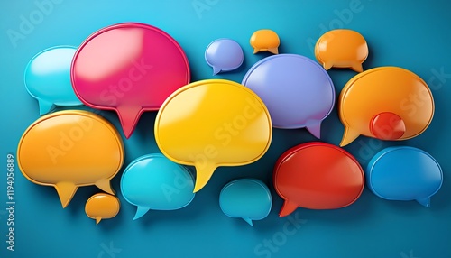 Colorful speech bubbles on a vibrant blue background, symbolizing communication and conversation in a lively design.