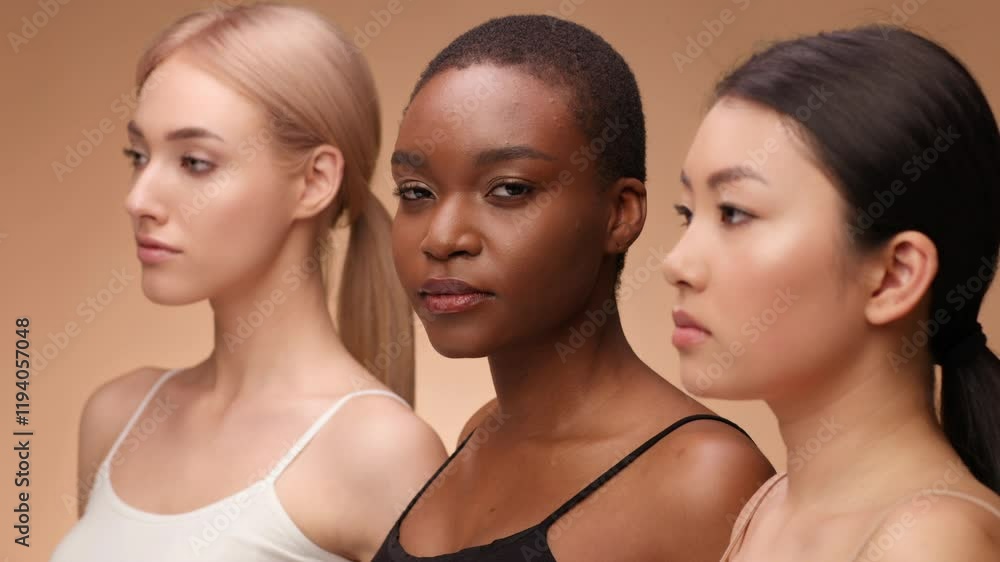 Three women with varying hairstyles and skin tones pose closely together against a simple background, highlighting their unique features and showcasing diversity in beauty. Three women with varying hairstyles and skin tones pose closely together against a simple background, highlighting their unique features and showcasing diversity in beauty.