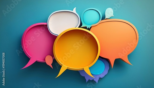 Colorful speech bubbles on a vibrant background symbolize communication and dialogue, perfect for creative and social media contexts.