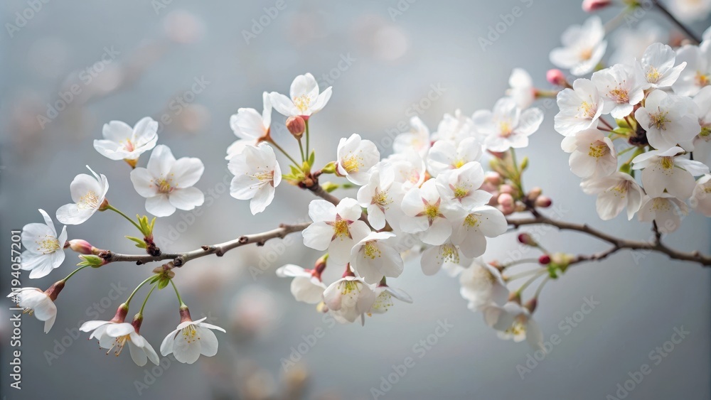 A delicate cluster of white blossoms on a slender branch, with soft, blurred petals and a backdrop of tranquil grey. A delicate cluster of white blossoms on a slender branch, with soft, blurred petals and a backdrop of tranquil grey.