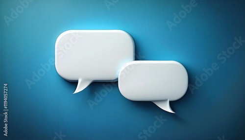 Two speech bubbles against a blue background, symbolizing communication, dialogue, or conversation in a modern, minimalist design.