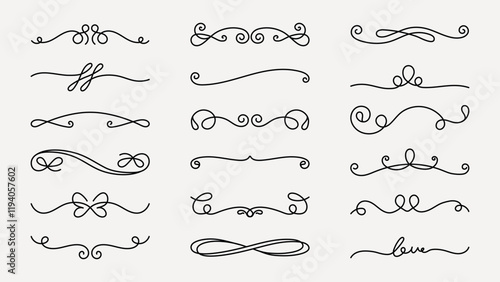 Vector set. Collection of vintage decorative flourishes and swirls. Elegant swirls and flourishes for design. Perfect for vintage-themed projects and ornate designs. Hand drawn ornament vector set.