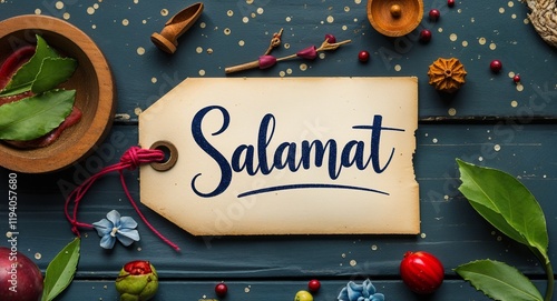 salamat handwritten on paper tag at table background photo