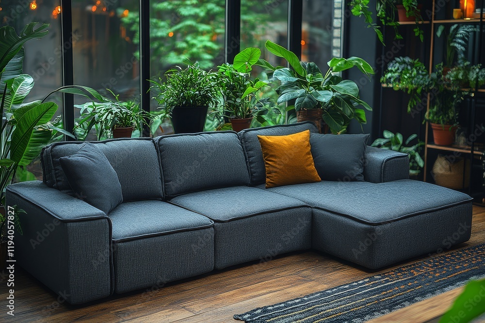 Dark gray fabric sofa with built-in mattress and storage, modular design, soft lighting, green plants, and solid wood flooring, creating a vibrant and comfortable indoor atmosphere. Dark gray fabric sofa with built-in mattress and storage, modular design, soft lighting, green plants, and solid wood flooring, creating a vibrant and comfortable indoor atmosphere.