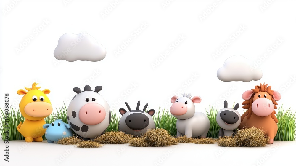 Naklejka premium Cute Cartoon Animal Characters in Playful Farm Setting Design