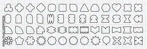 Grid with various geometric shapes. Shapes include circles, squares, triangles, and stars. Geometric shapes in a neat, organized grid pattern. Black shapes, vector element set.