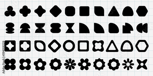 Vectors. Grid of black geometric shapes. Various geometric shapes like circles, squares, triangles. Geometric shapes repeated in a grid pattern. Shapes on a grid. Black shapes, vector set.