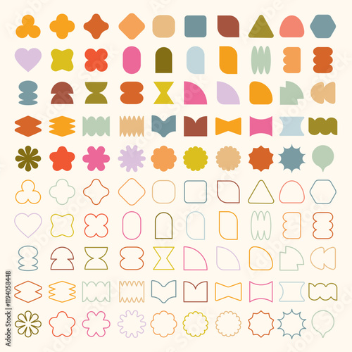 Pastel vectors. Colorful geometric shapes, abstract patterns, and vibrant designs. Shapes include circles, squares, and triangles. Geometric shapes and patterns repeated. Pastel elements, vector set.