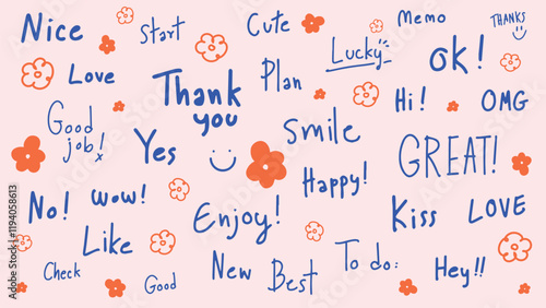 Colorful words like 'Thank you', 'Love', 'Smile', and 'Great' with cute flowers. Positive, cheerful, and motivational words. Happy and cute design. Colorful typography vector set.