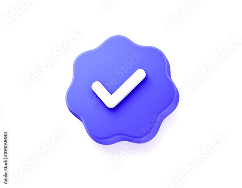 3D Render of a Purple Check Mark Badge Icon:  Approval, Confirmation, and Validation Symbol