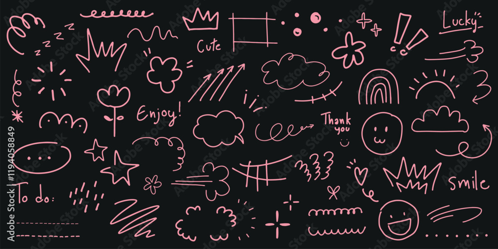 Doodle set with cute, playful doodles. Includes clouds, stars, arrows, and smiley faces. Perfect for creative, fun, and artistic projects. Enjoy doodles! Colorful doodle elements, vector set. Doodle set with cute, playful doodles. Includes clouds, stars, arrows, and smiley faces. Perfect for creative, fun, and artistic projects. Enjoy doodles! Colorful doodle elements, vector set.