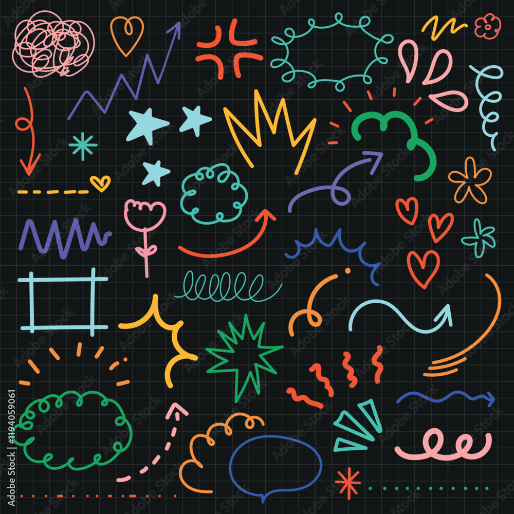 Colorful doodles on black background. Arrows, stars, hearts, and squiggles. Playful doodles, vibrant colors. Creative doodles, fun and lively design. Colorful doodle elements, vector set. Colorful doodles on black background. Arrows, stars, hearts, and squiggles. Playful doodles, vibrant colors. Creative doodles, fun and lively design. Colorful doodle elements, vector set.