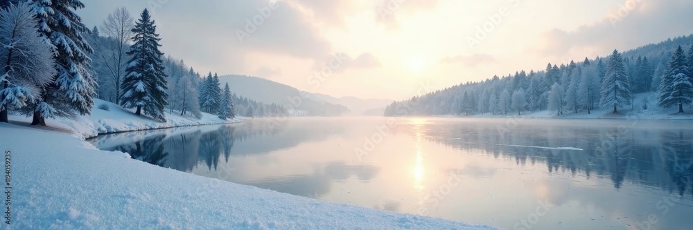 Fototapeta premium A frozen lake's icy surface reflects the pale morning light, frozen lake, winter wonderland, frosty scenery