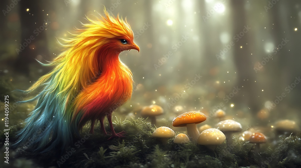 Fototapeta premium Magical Rainbow Bird Amidst Forest Fungi