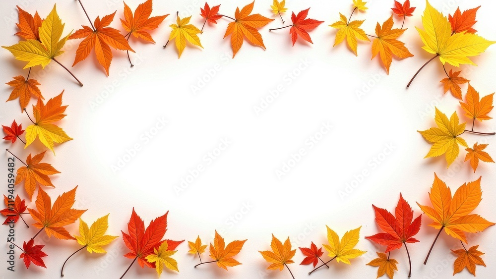 A mesmerizing oval frame, adorned with vibrant maple leaves on delicate brown stems, set against pristine white. A serene void lies at its heart, inviting curiosity and reflection A mesmerizing oval frame, adorned with vibrant maple leaves on delicate brown stems, set against pristine white. A serene void lies at its heart, inviting curiosity and reflection