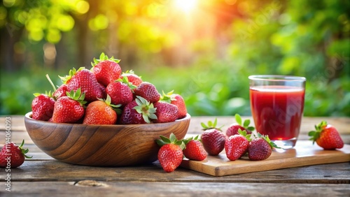 A wooden bowl overflowing with ripe strawberries, surrounded by a few scattered berries, with a glass of juice in the background, all set against a blurred backdrop of a sun-drenched garden.