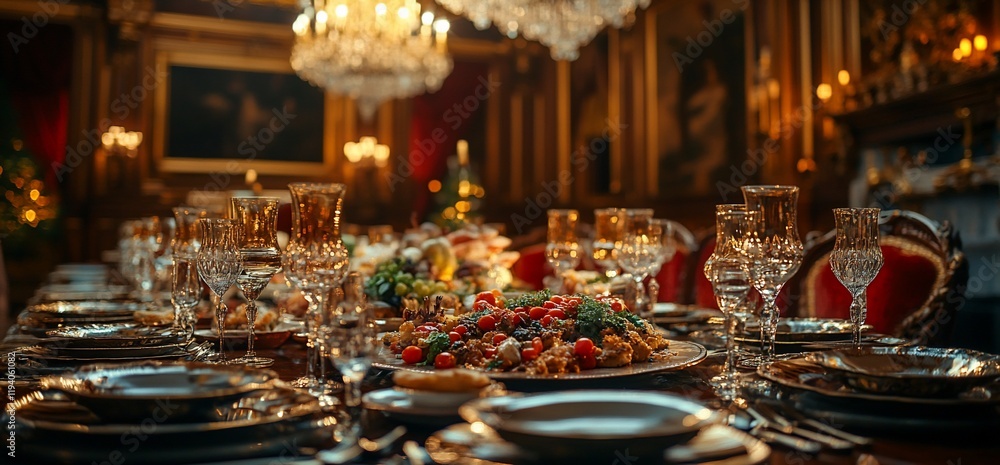 Luxurious holiday dinner table setting in an elegant dining room. Luxurious holiday dinner table setting in an elegant dining room.