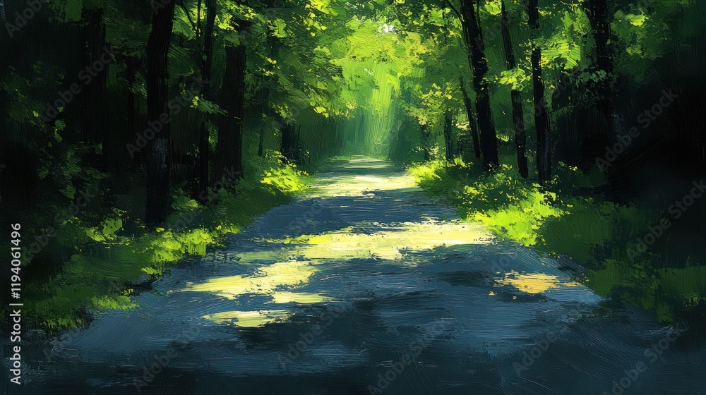 Fototapeta premium Sunlit Forest Pathway A Tranquil Journey Through Nature's Embrace