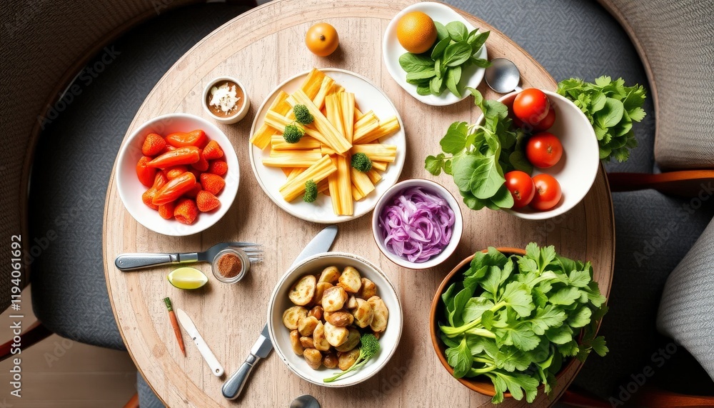 Fresh and Healthy Salad with Sides on a Wooden Table Fresh and Healthy Salad with Sides on a Wooden Table