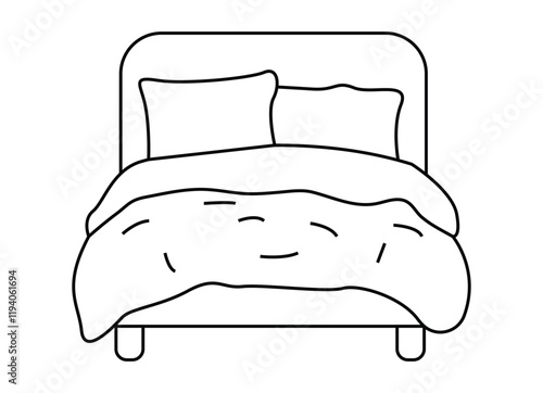 Vector line art bed icon, minimalist design, clean and modern bedroom furniture illustration.