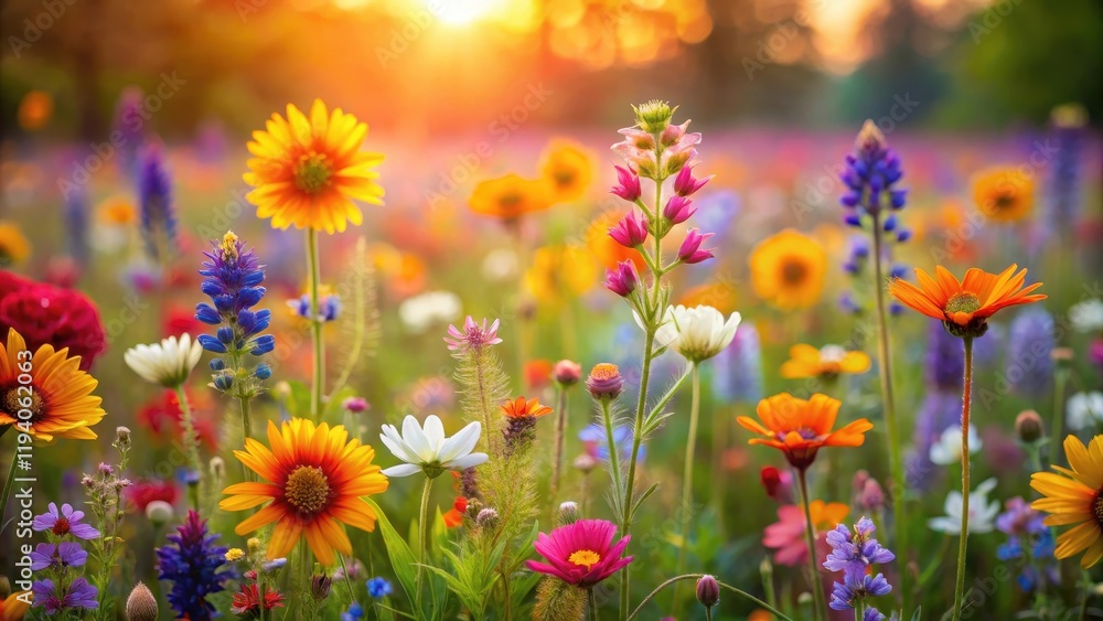Fototapeta premium A vibrant tapestry of wildflowers bathed in golden sunlight, their petals unfurling in a symphony of color, each bloom a unique brushstroke on the canvas of nature.