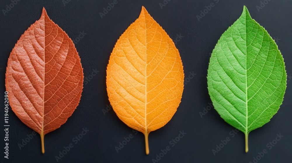 Vibrant Transition of Leaves from Red to Orange to Green on Dark Background Vibrant Transition of Leaves from Red to Orange to Green on Dark Background