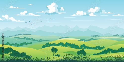 View of summer landscape, spring hills, green meadows and hills, bird flock, vector illustration