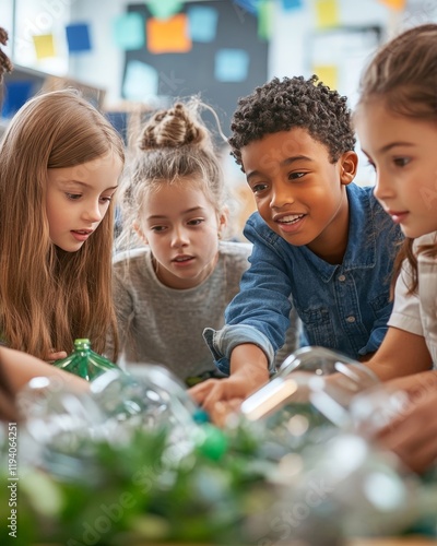A group of children learning about eco-friendly practices in a classroom