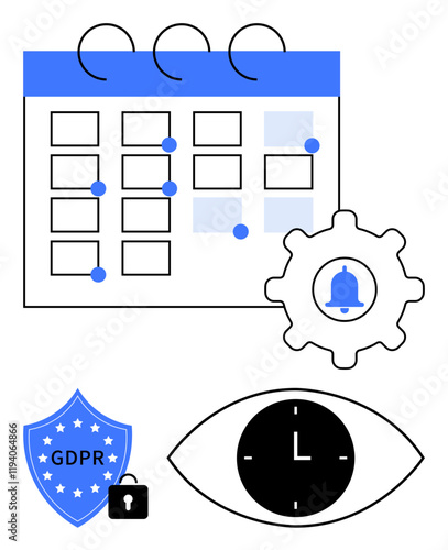 Calendar with highlighted dates, gear with notification bell, GDPR shield with lock, and clock within an eye for time focus. Ideal for scheduling, privacy, security, regulations, planning deadlines