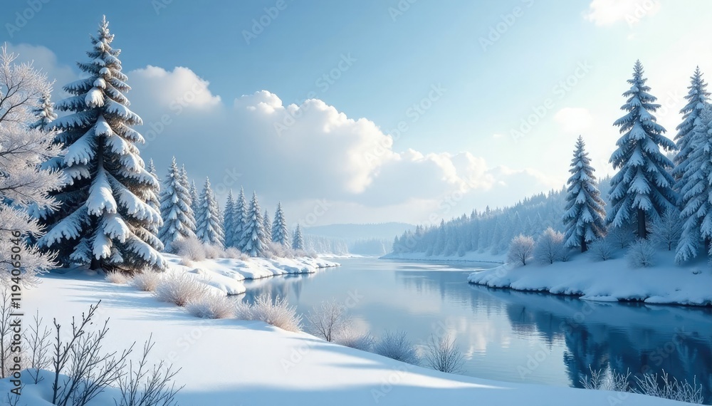 Obraz premium Frosty landscape with snow-covered trees and a frozen lake, frost, winter wonderland