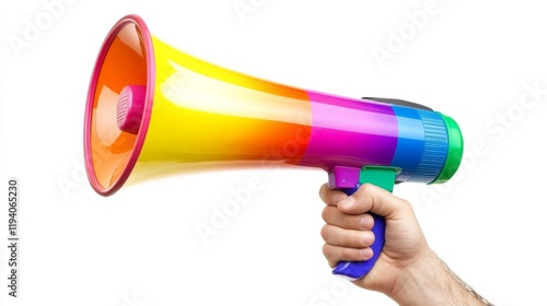 A hand gripping a vibrant megaphone, isolated on white, positioned on the bottom-right corner with space above for messaging photo