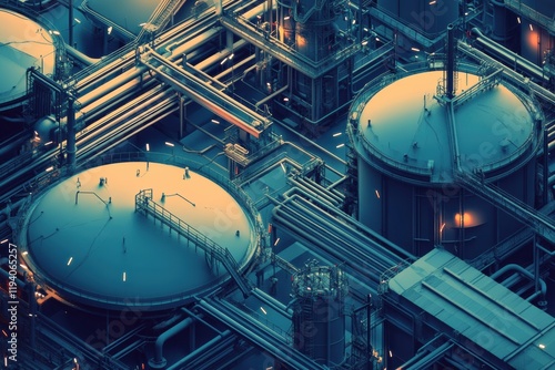 Geometric industrial pattern showcasing oil tanks and complex piping design in an industrial facility. Generative AI photo