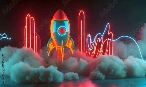 Neon rocket launching through cloudscape.