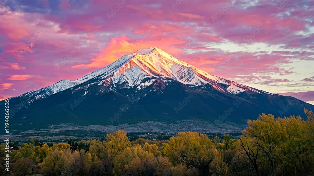 Majestic snow-capped mountain under a vibrant sunset sky with colorful clouds and autumn foliage Majestic snow-capped mountain under a vibrant sunset sky with colorful clouds and autumn foliage