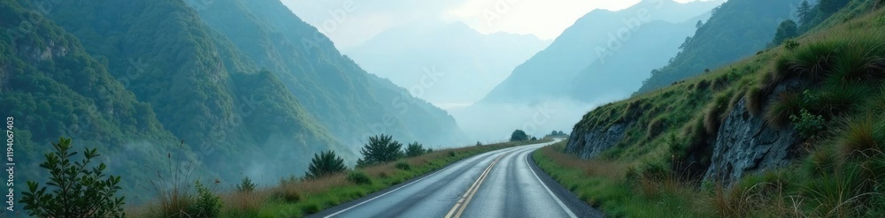 Naklejka premium Misty mountain road winding through foggy valley, serene, mountain
