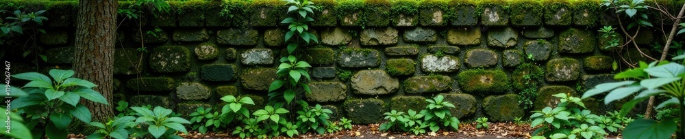 Moss-covered stone wall in overgrown landscape, natural, branches, moss Moss-covered stone wall in overgrown landscape, natural, branches, moss